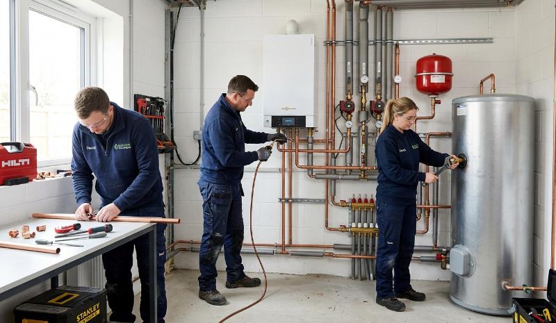 Zespół fachowców podczas przygotowania systemu ogrzewania w budynku