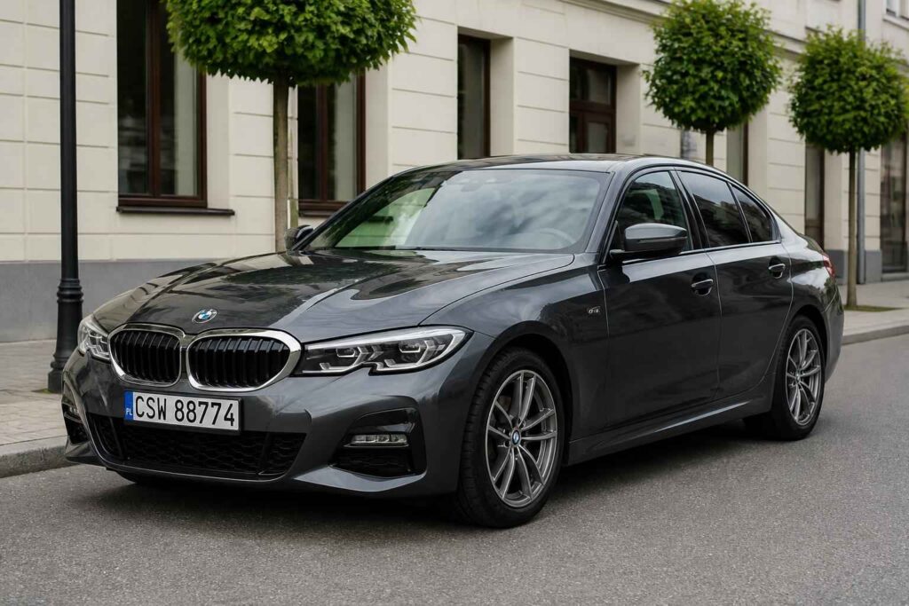 Czarny BMW serii 3 sedan na miejskiej ulicy Czarny BMW serii 3 sedan zaparkowany przy eleganckiej kamienicy z przystrzyżonymi drzewami